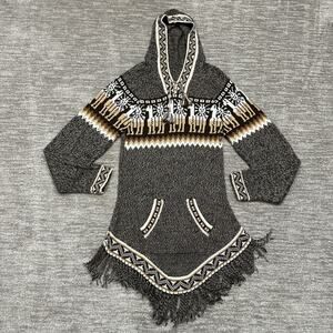 Artesania Edm Alpaca Sweater Womens Large Llama Fringe Hooded Pullover